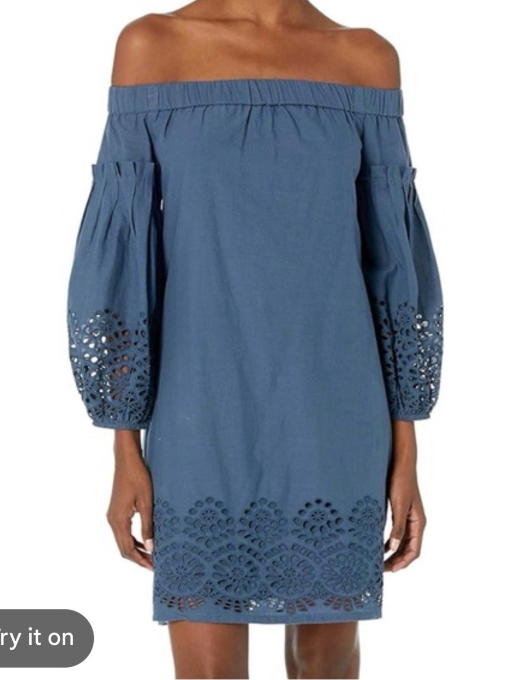 Vince Camuto Off Shoulder Denim Dress Blue Eyelet Embroidered Shift Boho